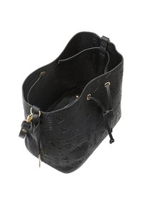 Schwarze Bucket-Bag aus strukturiertem Leder mit geprägten Mustern. Verfügt über einen Kordelzugverschluss und goldfarbene Hardware-Details.