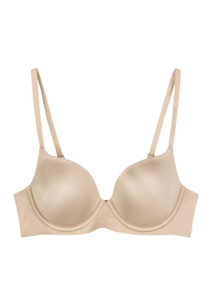 Sostén acolchado de satén beige con tirantes delgados ajustables, soporte con aros, diseño sin costuras y costura sutil a lo largo de las copas.