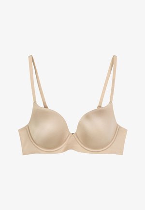 Beige satijnen gewatteerde beha met dunne verstelbare bandjes, onderbedekking voor ondersteuning, naadloos ontwerp en subtiele stiksels over de cups.