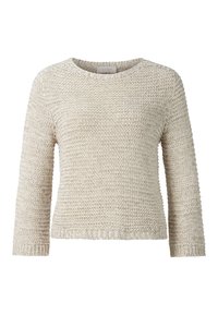 Lichtbeige gebreide trui met een ronde halslijn, lange mouwen en een gestructureerd patroon. Geribbelde boorden bij de mouwen en zoom voegen detail toe.