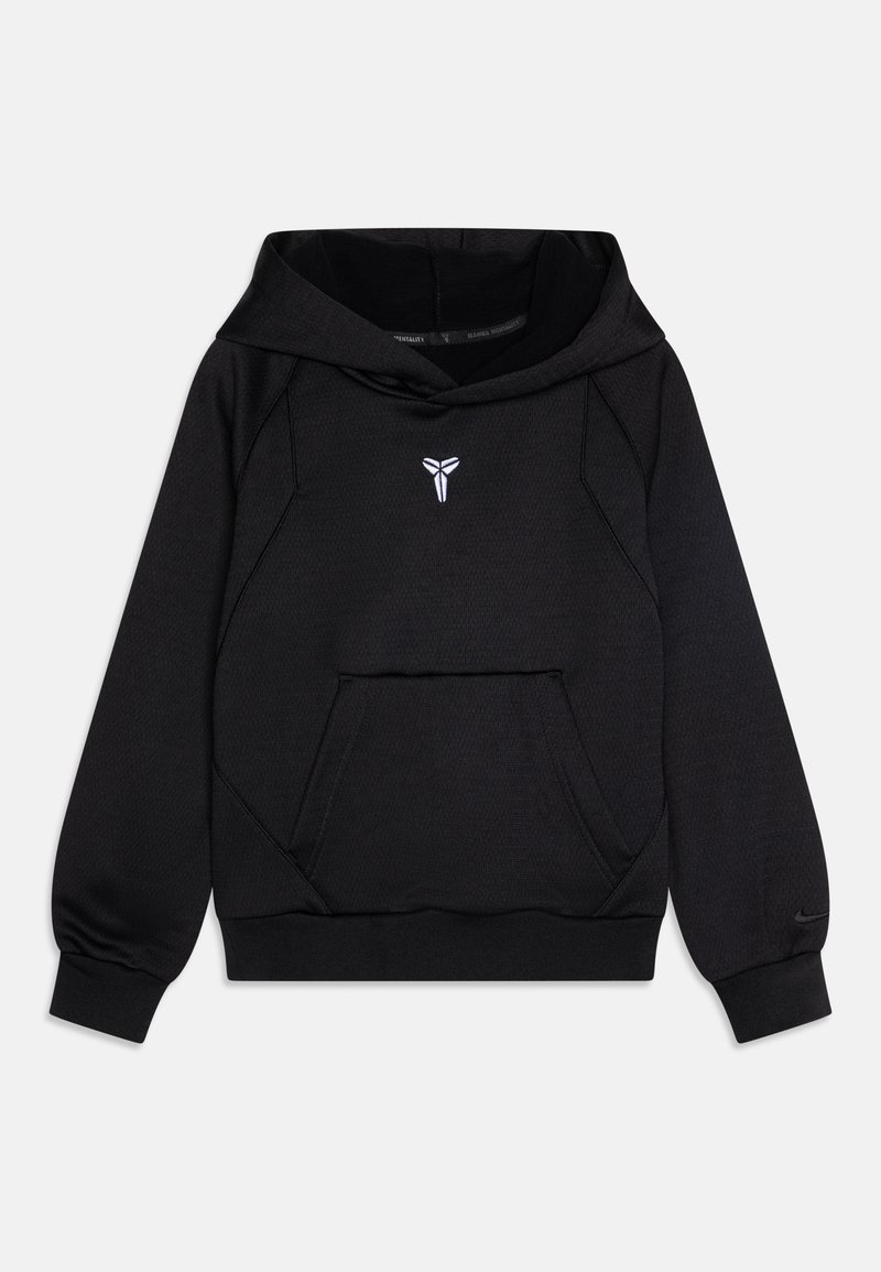 Čierna mikina s kapucňou z textúrovaného materiálu, so zvýraznenou klokankou a bielym logom na hrudi. Má veľkú kapucňu a priliehajúce manžety.