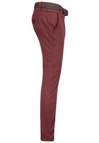 Maroon chinos with a slim fit, featuring a woven brown belt, side pockets, and a smooth cotton texture. Tailored design with no visible patterns.