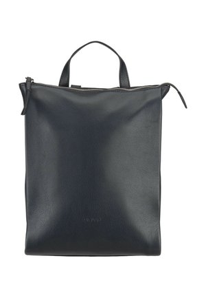 Sac fourre-tout carré en cuir noir avec poignée supérieure et fermeture éclair, texture lisse, design minimaliste.