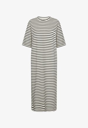 Sukienka w paski z krótkim rękawem w kolorze kremowym i czarnym, wykonana z miękkiego materiału. Luźny fason, okrągły dekolt, sięgająca do połowy łydki, wzór w poziome paski.