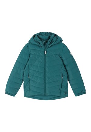 Giacca trapuntata con cappuccio color verde petrolio, con cerniera frontale, due tasche laterali con cerniera e polsini elasticizzati, progettata per il freddo.