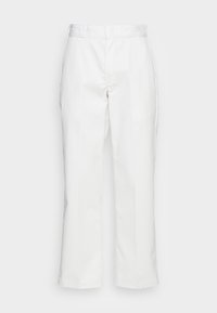 White straight-leg pants made of cotton fabric. Features a waistband, front and side seams, and are unembellished with no visible pockets.