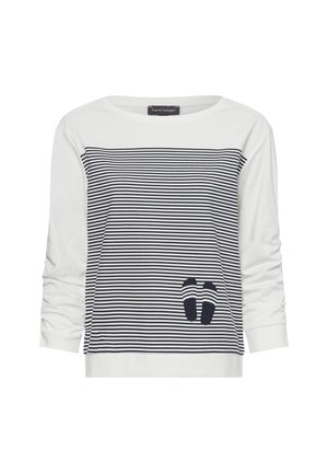 Weißes Langarmoberteil mit navyblauen Horizontalstreifen, mit einem Flip-Flop-Graphic auf der Vorderseite. Baumwollmischung, lässiger Schnitt, runder Halsausschnitt.
