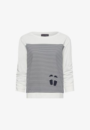 Weißes Langarmoberteil mit navyblauen Horizontalstreifen, mit einem Flip-Flop-Graphic auf der Vorderseite. Baumwollmischung, lässiger Schnitt, runder Halsausschnitt.