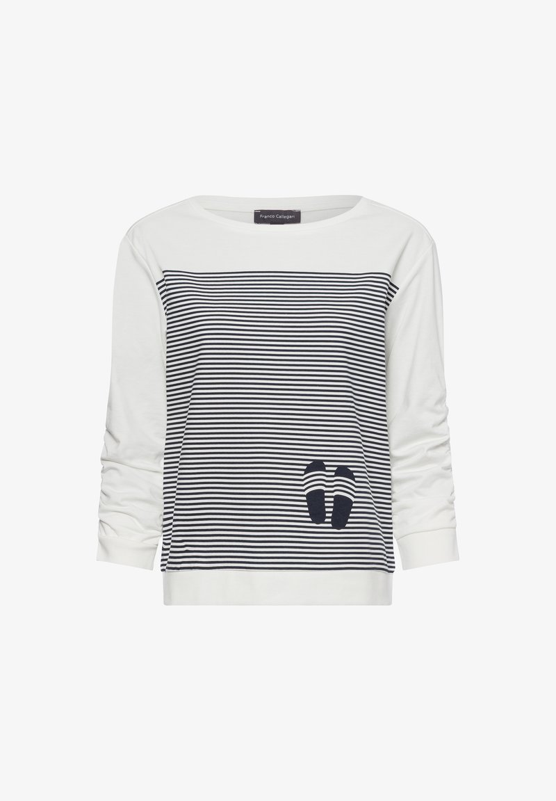 Witte lange mouw top met marineblauwe horizontale strepen, voorzien van een slipper grafiek op de voorkant. Katoenmix materiaal, relaxte pasvorm, ronde halslijn.