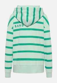 Mentazöld kapucnis pulóver függőleges zöld csíkokkal, kenguruzsebbel, bordás mandzsettákkal és "SAND" felirattal a hátsó részen.