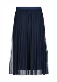 Marineblauwe geplooide rok van lichtgewicht chiffon, met een aansluitende tailleband en een doorzichtige overlay, met een vloeiende, gelaagde uitstraling.