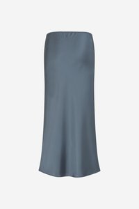 Šilko imitacijos kelių ilgio sijonas prisilietimo, tamsiai pilkos spalvos, lygios tekstūros, A formos kirpimo ir su elastine juosmens juosta, suteikiančia prigludusią siluetą.