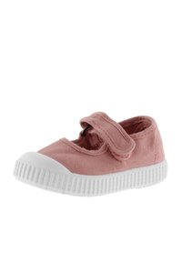 Scarpa in tessuto rosa con punta rotonda, suola in gomma bianca e strap regolabile in Velcro. Parte superiore in tessuto e rivestimento morbido per il comfort.