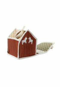 Quilted soft toy barn in rust color with white accents. Features two animal appliqués, textured roof, and release flap for play.