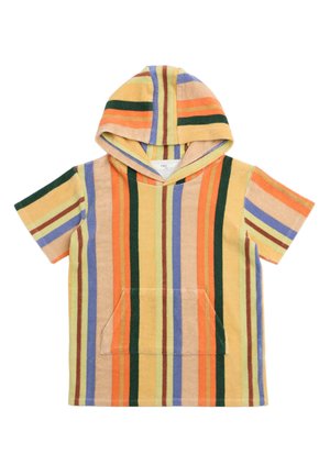 Kortærmet hættetrøje med forlommer, med lodrette striber i gul, orange, grøn, blå og beige farver.