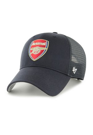 Casquette navy avec une visière courbée, arborant un logo d'Arsenal brodé en rouge, jaune et bleu. Dos en mesh; logo '47 cousu sur le côté.