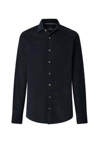 Donkerblauwe blouse met lange mouwen van corduroy, met een kraag met knoopsluiting en zes bruine knopen aan de voorkant. Glad textuur.