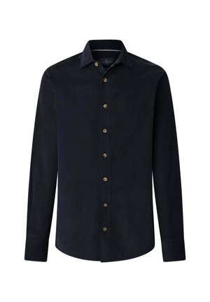 Langärmliges Hemd in Marineblau aus Cord, mit einem Button-Down-Kragen und sechs braunen Knöpfen an der Vorderseite. Glatte Textur.