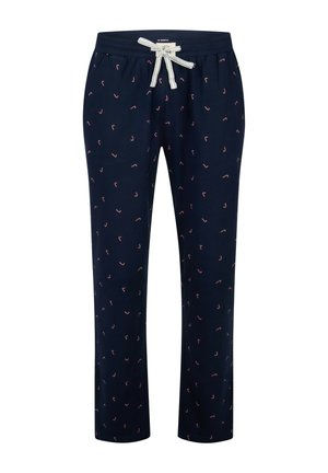 Marineblauwe broek van zachte stof, voorzien van een witte trekkoord en verspreide roze patroonaccenten. Rechte pijp en elastische tailleband.