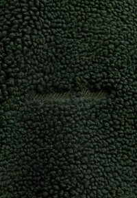 Tissu en fleece vert foncé avec une texture duveteuse, arborant un logo embossé subtil. La surface est douce et densément tissée, créant une apparence chaleureuse.