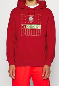 Felpa rossa con cappuccio, realizzata in blend di cotone, caratterizzata da grafiche stampate in oro che includono "PUMA" e uno stemma, con tasca a marsupio e cappuccio con cordino.