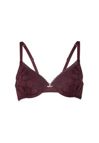 Reggiseno in pizzo borgogna con coppe a triangolo, spalline regolabili, rifiniture a scallop decorative e un'apertura centrale anteriore con dettagli in metallo.