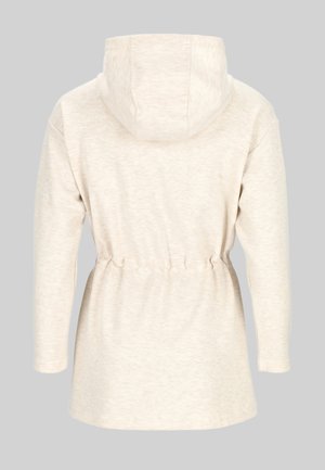Khaki hooded sweatshirt with an elastic waist, long sleeves, and soft, textured fabric. The back features subtle color variations.