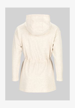 Khaki hooded sweatshirt with an elastic waist, long sleeves, and soft, textured fabric. The back features subtle color variations.