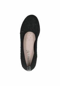 Ballerines noires en tricot avec des embellissements ressemblant à des diamants sur le dessus. Présente une doublure intérieure lisse et un design à bout rond.