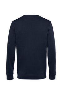 Sudadera de manga larga azul marino, vista trasera lisa, puños y dobladillo acanalados, cuello redondo.