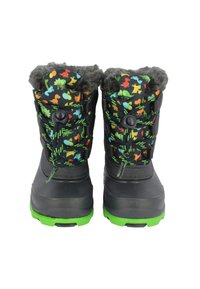Schwarze Winterstiefel mit bunten Tiermustern, grünen Akzenten und grauem Futter aus Fell. Ausgestattet mit verstellbaren Schnürsenkeln und robusten Gummisohlen.
