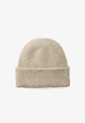 Strickmütze in hellem Beige mit einem gerippten Design und umgeschlagenem Bündchen. Zeigt ein dezentes Etikett an der Seite zur Markenidentifikation.