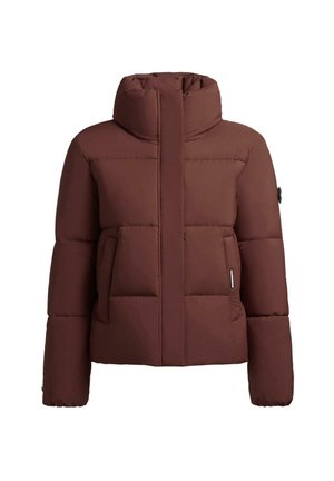 Bruine pufferjack met hoge kraag, voeringzakken, lange mouwen en een verborgen rits aan de voorkant.