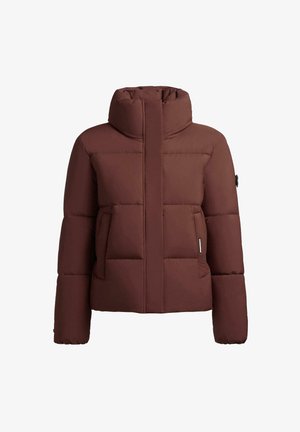 Bruine pufferjack met hoge kraag, voeringzakken, lange mouwen en een verborgen rits aan de voorkant.