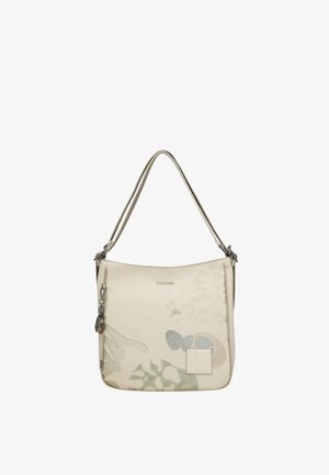 Borsa a tracolla color avorio con una singola tracolla, motivi astratti di foglie e puntini pastello, e una piccola toppa frontale con logo in rilievo.