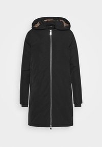 Manteau d'hiver noir mi-longue jusqu'aux genoux avec capuche, fermeture éclair argentée intégrale à l'avant et doublure intérieure rayée sur la capuche.