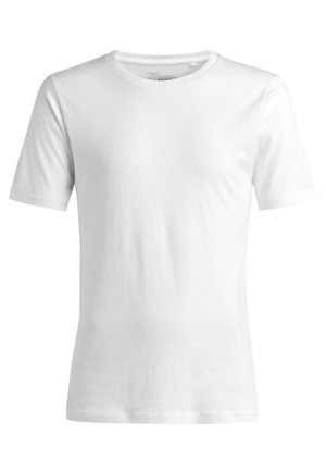 Camiseta de algodón blanca con mangas cortas, cuello redondo y textura suave. Presenta un diseño liso sin patrones ni acentos.