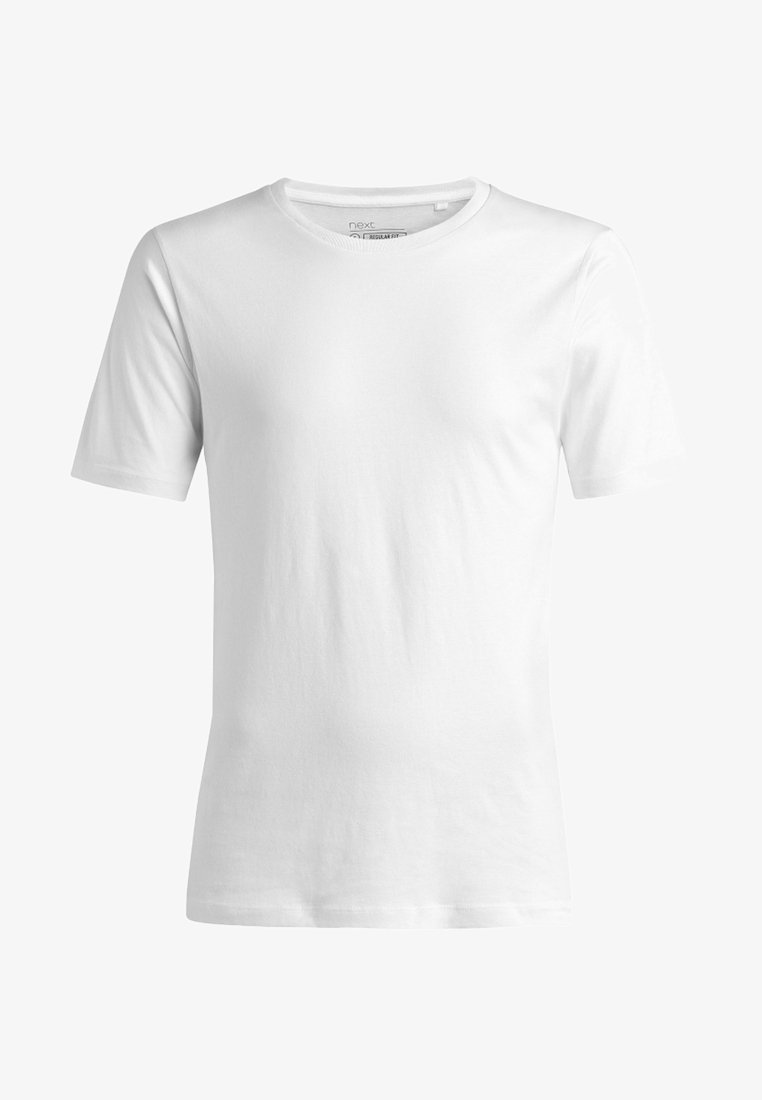 T-shirt bianco in cotone con maniche corte, scollatura rotonda e texture liscia. Presenta un design semplice senza motivo o accenti.