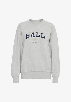 Felpa grigia con polsini e orlo a costine. Presenta una scritta audace in navy e oro sul davanti: "BALL 1974 THE JEANS." Design casual e dal taglio morbido.