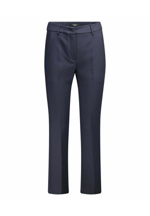 Pantaloni da donna blu navy su misura con passanti per cintura, piega frontale e gamba dritta su sfondo bianco.