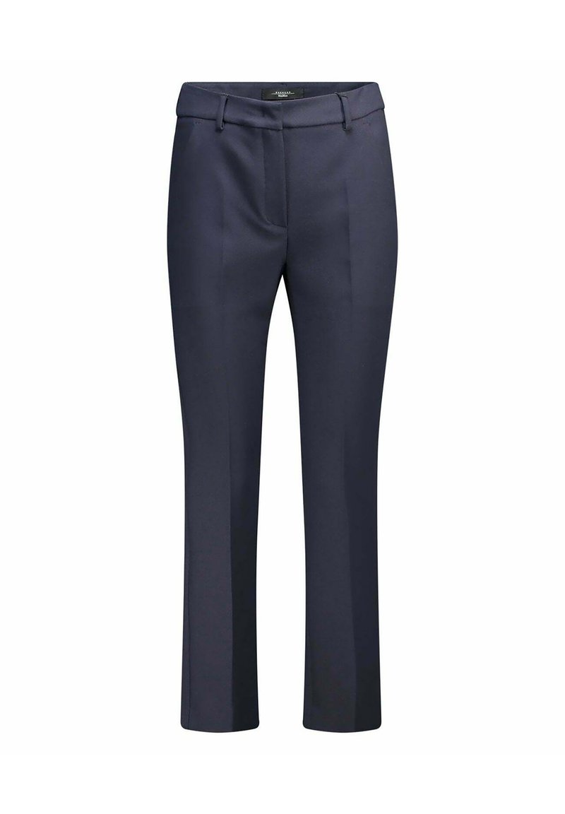 Pantaloni da donna blu navy su misura con passanti per cintura, piega frontale e gamba dritta su sfondo bianco.