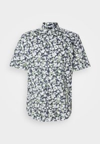 Kortermet skjorte med en marineblå bakgrunn og et hvitt og lys grønt blomster mønster. Frontlukking med knapper og klassisk kragedesign.