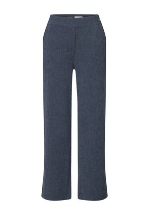 Kalhoty s širokými nohavicemi vyrobené z texturovaného tmavého denimu, s vysokým pasem a rovnými siluetami, bez viditelných kapes nebo kovových detailů.