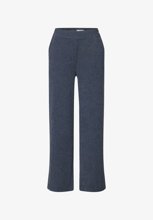 Pantalons évasés en denim texturé noir, avec une taille haute et une silhouette droite, sans poches visibles ni détails en métal.