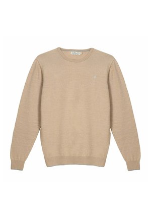 Pull beige à manches longues avec col rond, poignets et ourlet côtelés, orné d'un petit logo brodé sur la poitrine gauche.