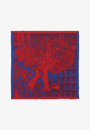 Le motif rouge et bleu comprend un grand arbre, un chat grimpant sur son tronc, une gondole sur l'eau et un bâtiment voûté sur le côté droit.