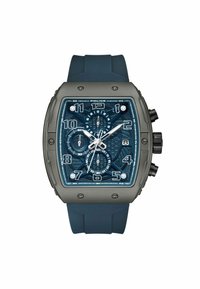 Vierkante horloge met een marineblauwe wijzerplaat, textuurontwerp, zilverkleurige wijzers, grijze kast en rubberen band. Bevat drie sub-dial en chronograafknoppen.