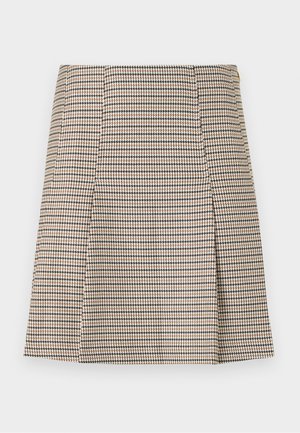 Fustă până la genunchi cu model pepita maro și negru, cu o ușoară formă în A și detaliu cu buton lateral.