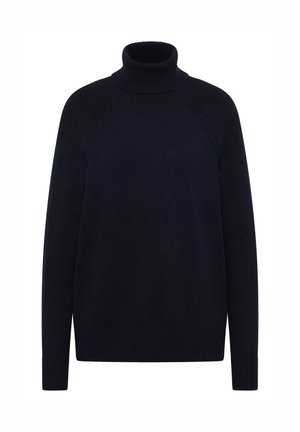 Pull à col roulé navy avec texture côtelée, manches longues et coupe décontractée. Présente un col haut et un design d'épaule raglan.