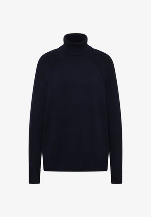 Pull à col roulé navy avec texture côtelée, manches longues et coupe décontractée. Présente un col haut et un design d'épaule raglan.